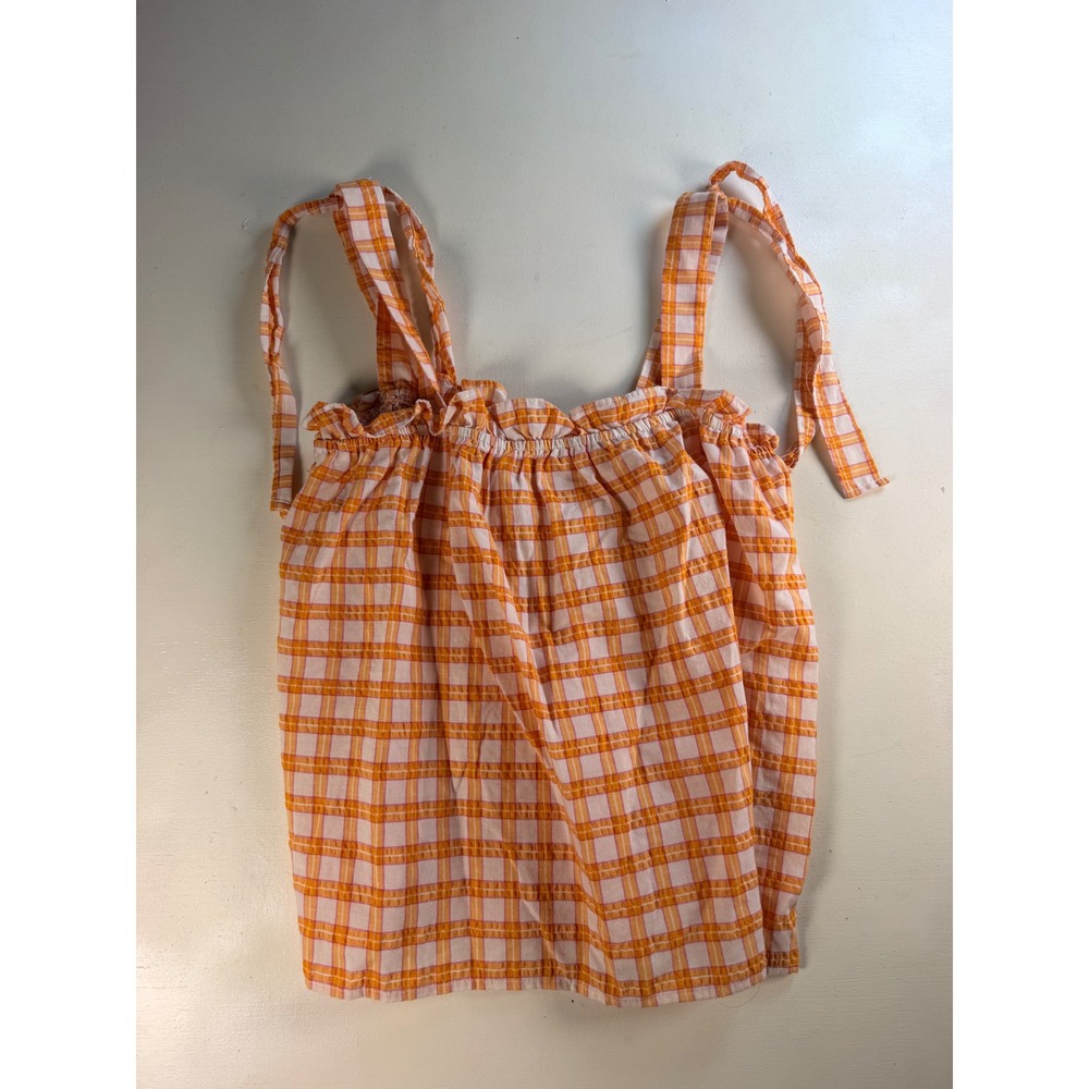MINE Plaid Camisole Women‎ Large Orange Excellent Tie Shoulder Ruffle Top